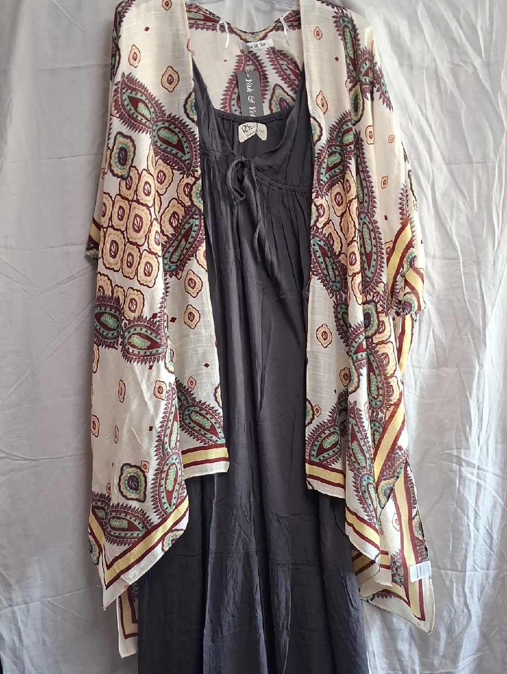 Flowing Maxi Dress with Cream Paisley Kimono